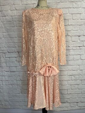 Vintage 1980s David Rose Peach Lace Drop-Waist Dress